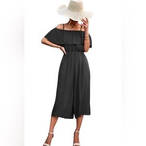 Black off the shoulder high waist wide leg jumpsuit